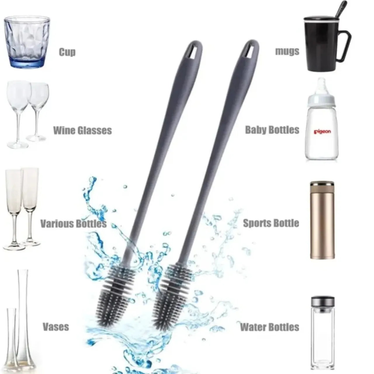 2Pc Silicone Long Handle Bottle Cleaning Brush